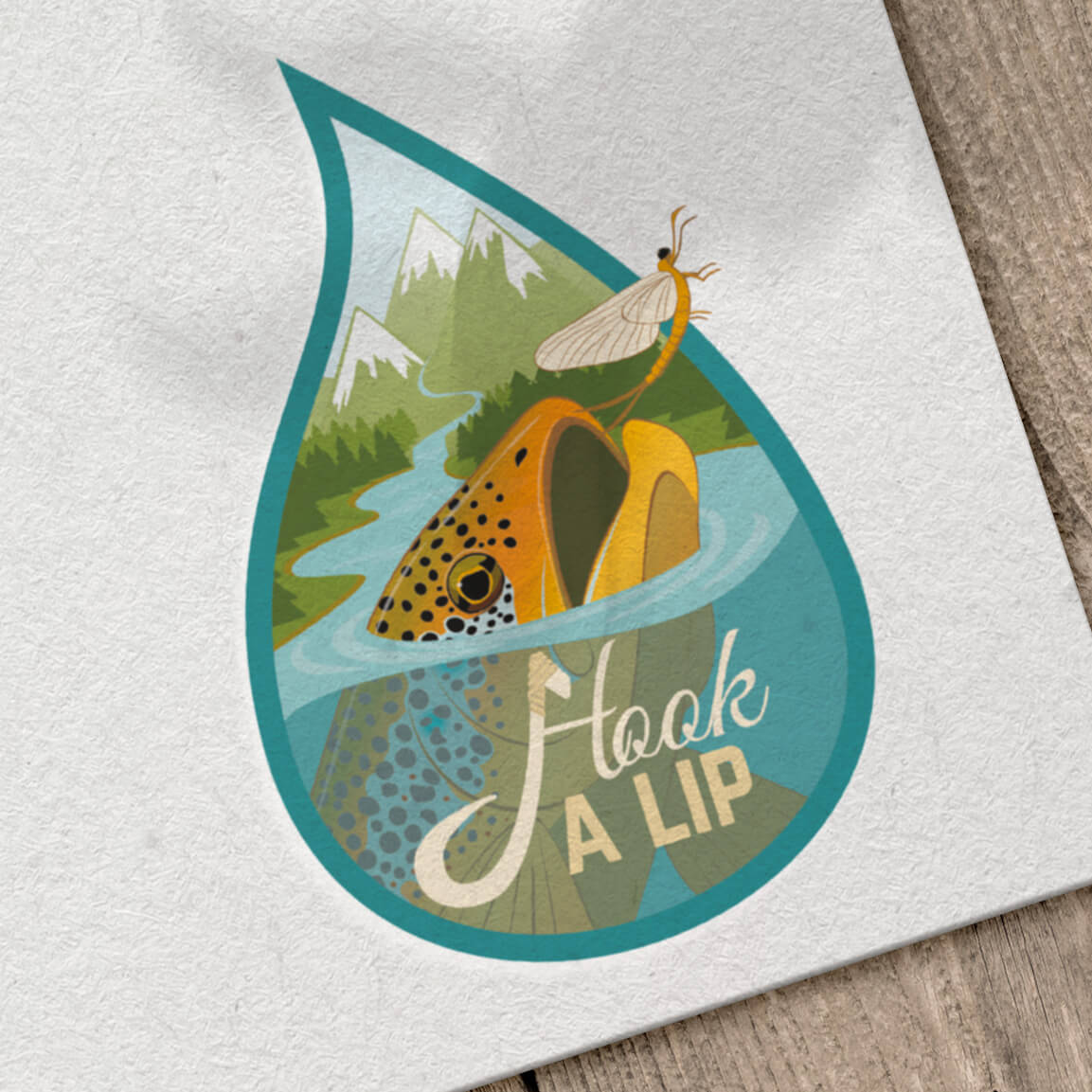 logo pour un guide de pêche représentant une carpe et un éphémère dans une bulle