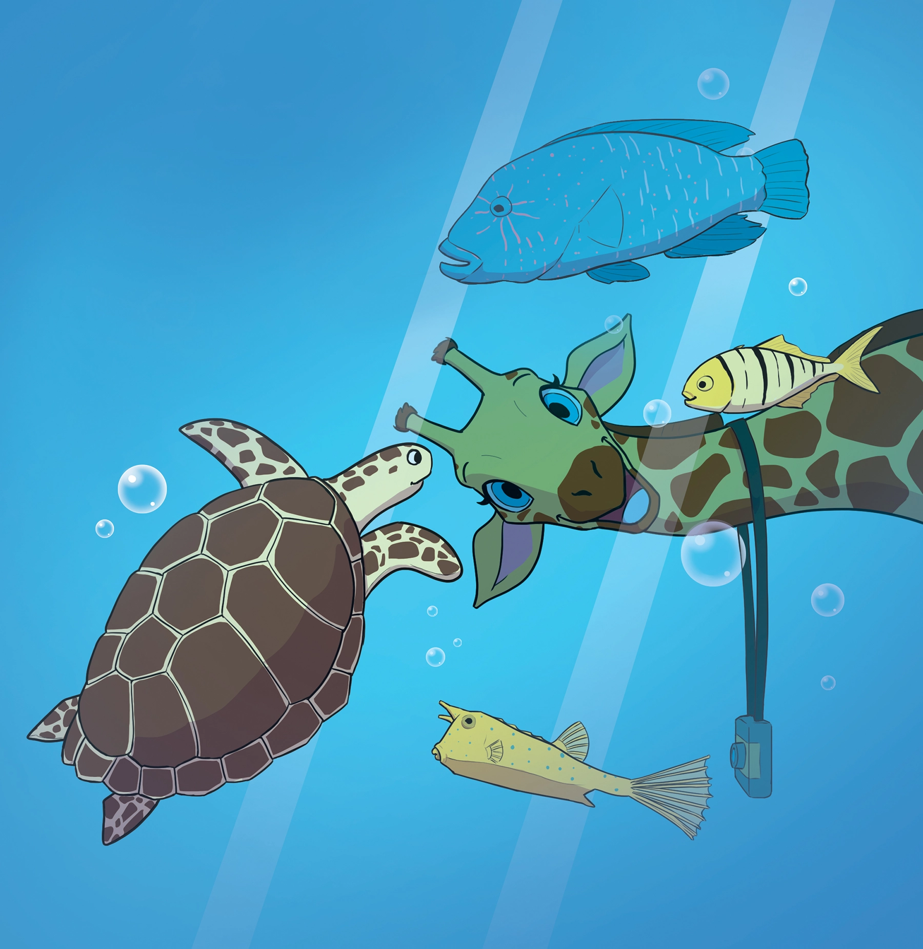 illustration d'une girafe qui regarde des poissons dans un aquarium