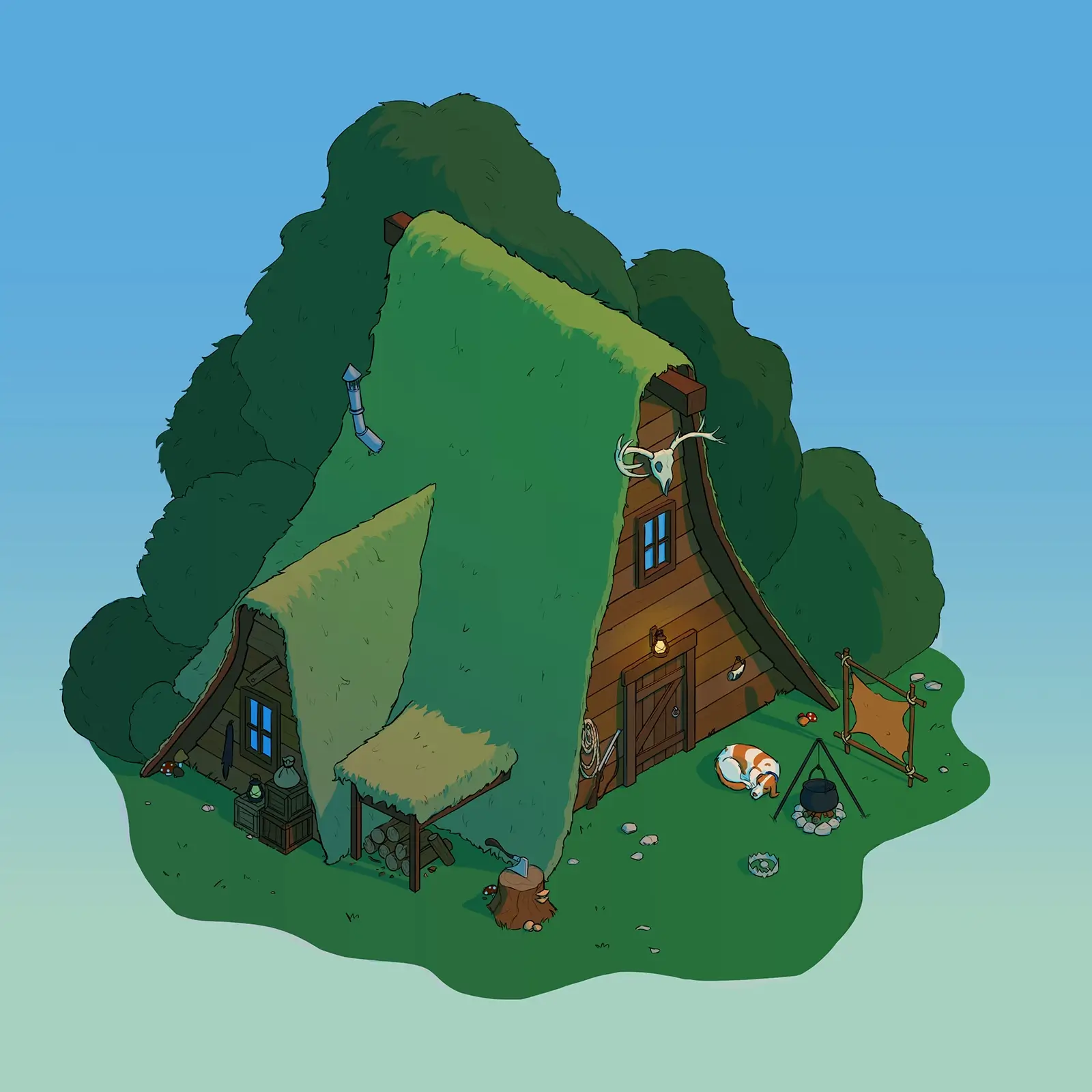 illustration isometrique hutte chasse
