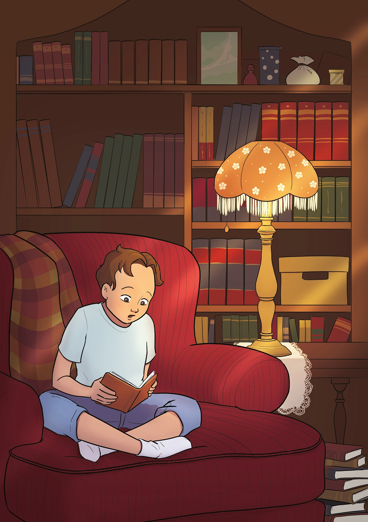 Illustration d'une page intérieure de roman jeunesse : Elias en train de lire