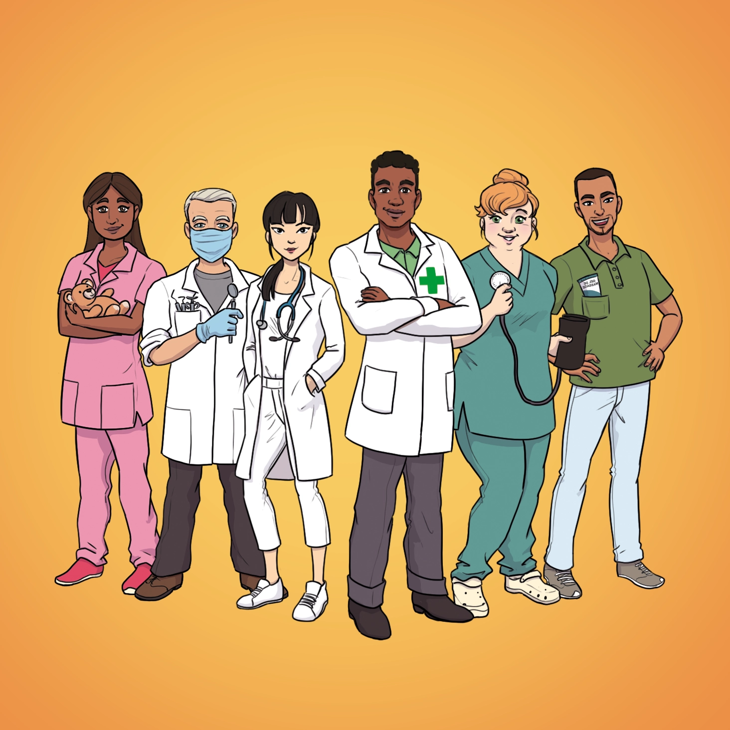 Character design d'un groupe de personnages du secteur médical