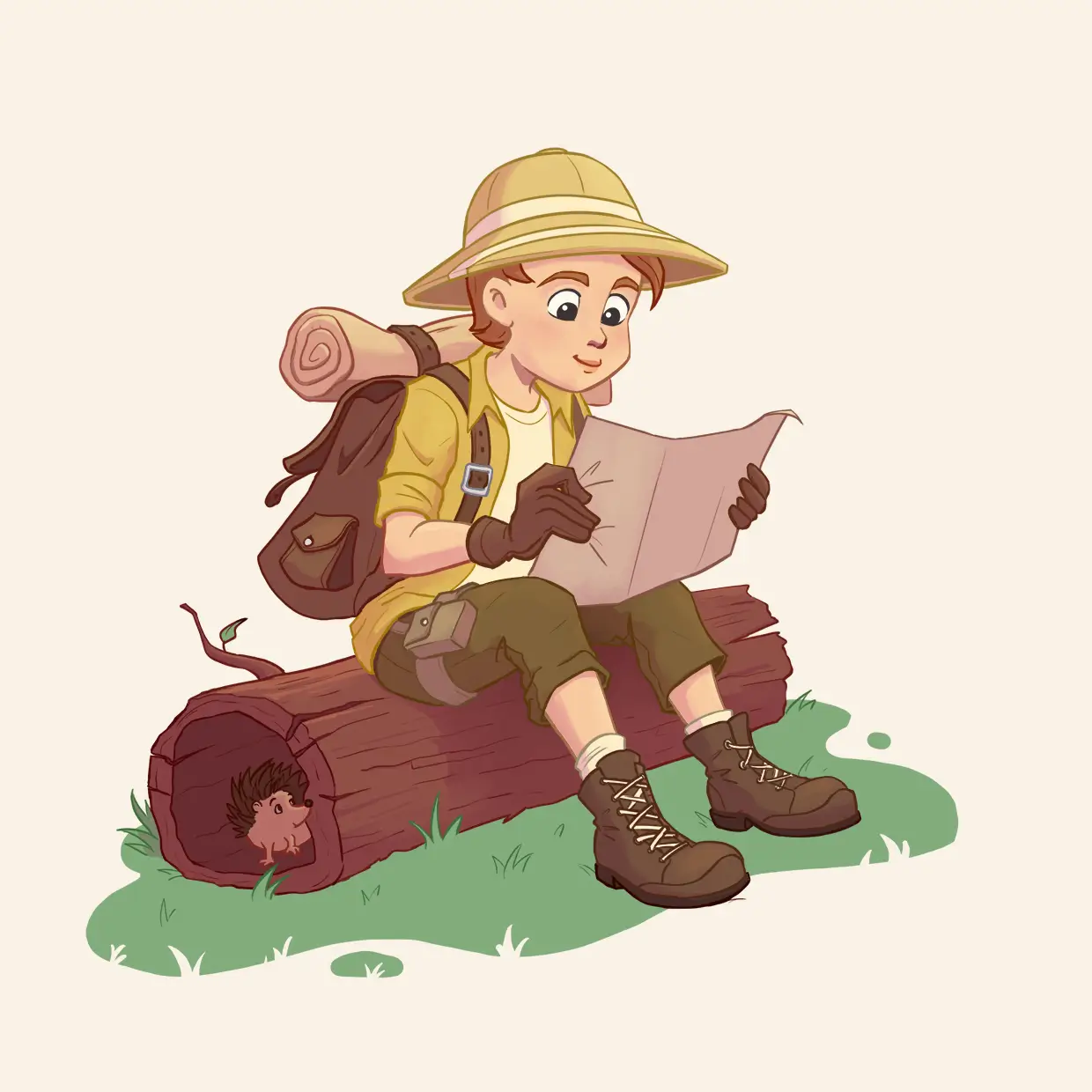 Illustration et character design d'un jeune garçon explorateur assis sur un tronc, et qui lit une carte