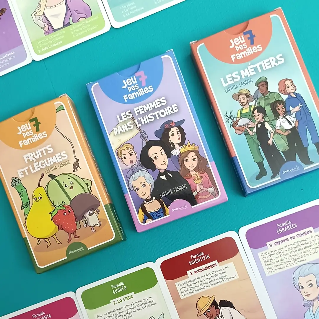 Boîtes de jeu de cartes : Jeux des 7 familles sur les thèmes : Les fruits et légumes - Les femmes dans l'histoire - Les métiers