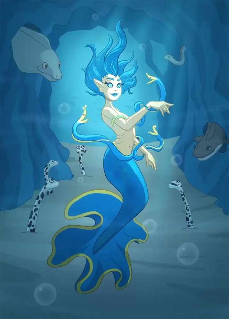 Illustration et character design d'un personnage sirène entouré d'anguilles