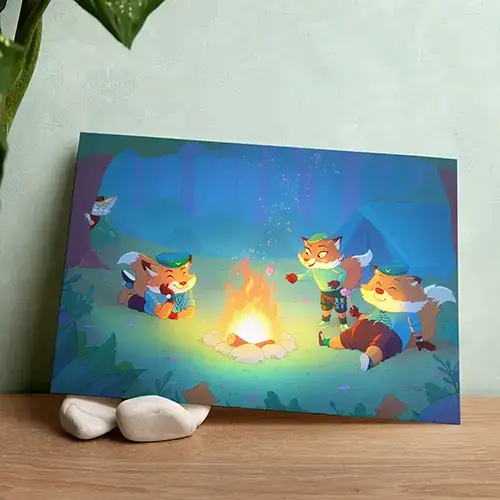 illustration imprimée de mignons renards scouts autour d'un feu de camp avec des chamallow