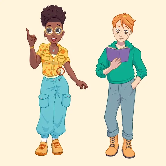 Création des personnages Aya et Louis pour le livre-cahier de sciences Exploria, destiné aux élèves de la 1e à la 3e secondaire en Belgique