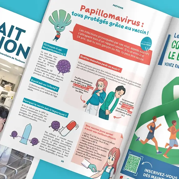 Illustration de la page junior prévention du magazine des CHU de Toulouse sur le thème du papillomavirus